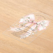 優雅な少女のクリスチャン洗礼 ピンクの花の飾りリボン アクリル招待状 (レイダウン)