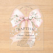 優雅な少女のクリスチャン洗礼 ピンクの花の飾りリボン アクリル招待状 (正面)