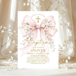 優雅な少女のクリスチャン洗礼 ピンクの花の飾りリボン 招待状