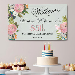 優雅な手描きの花の85歳の誕生日ウェルカム 横断幕