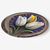 優雅な曲線：白いチューリップアールヌーボーデザイン ペーパープレート (アングル)