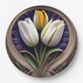 優雅な曲線：白いチューリップアールヌーボーデザイン ペーパープレート (正面)