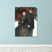 優雅な服を着たカップル、傘、雪の古い時間 キャンバスプリント (インサイチュ (ウッドフロア))