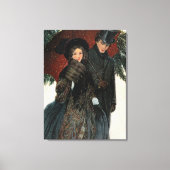 優雅な服を着たカップル、傘、雪の古い時間 キャンバスプリント (正面)