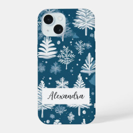優雅な松の木と雪片が舞う冬 iPhone 15ケース