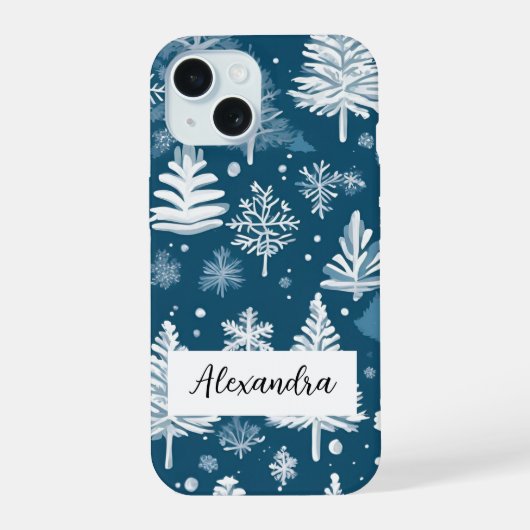 優雅な松の木と雪片が舞う冬 iPhone 15ケース (裏面)