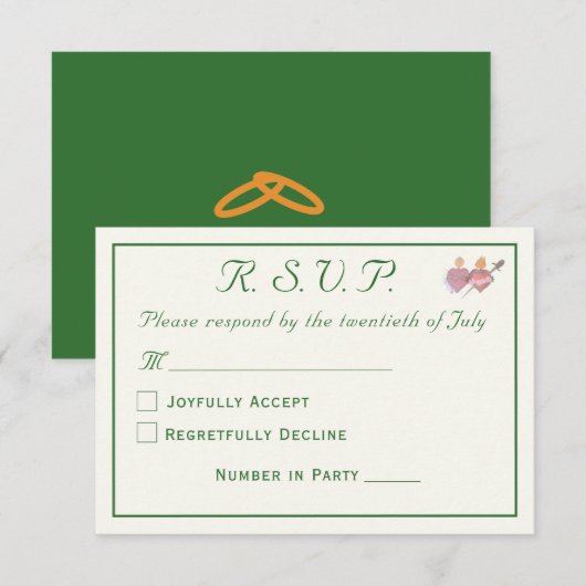 優雅な森の緑の二つのハート カトリック結婚式 出欠カード (正面/裏面)