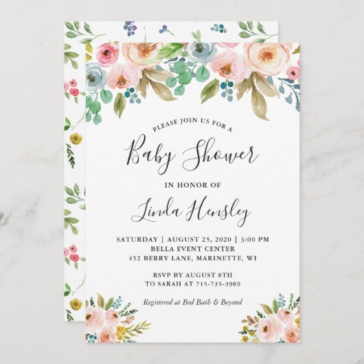 優雅な水の色のフローラ女の子の赤ちゃんシャワー 招待状 (正面/裏面)
