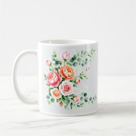優雅な水彩のピンクの芍薬とピーチのバラの花 コーヒーマグカップ