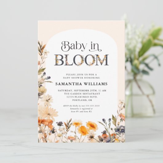 優雅な水彩の秋の野の花とBaby in Bloom 招待状 (スタンド正面)