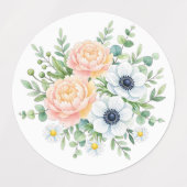 優雅な水彩の芍薬と白いアネモネの花柄 ラベル (デザイン1)