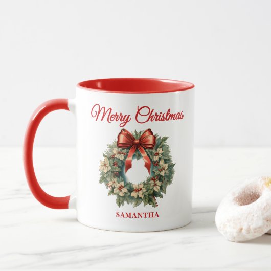 優雅な水彩クリスマスリース マグカップ (ドーナツ)