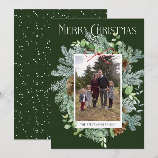 優雅な水彩グリーン写真クリスマスカード シーズンカード (正面/裏面)