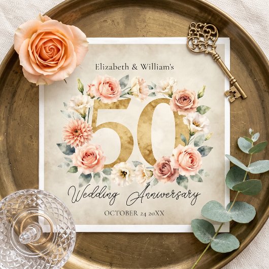 優雅な水彩フラワーの結婚50周年記念 スタンダードカクテルナプキン