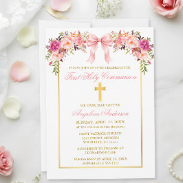 優雅な水彩フラワー ピンク リボン 初聖体拝領式 招待状