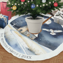 優雅な水彩メンフクロウの雪景色 クリスマス ブラッシュドポリエステルツリースカート