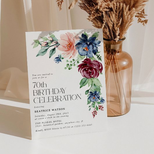 優雅な水彩花柄の70歳の誕生日  招待状