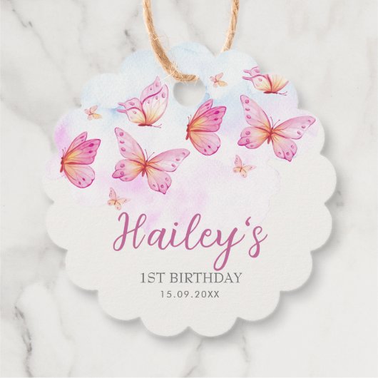 優雅な水彩蝶の女の子1歳の誕生日 フェイバータグ (裏面)
