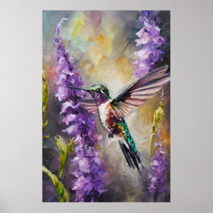 優雅な水色ハミングバードパープルガーデンアート ポスター