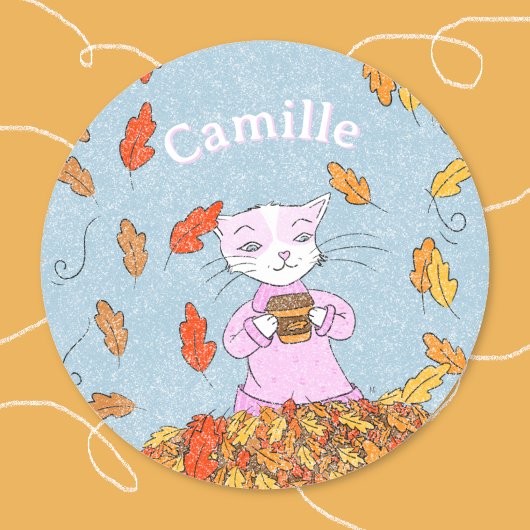優雅な猫の落ちる子供ステッカー 名前入り ラウンドシール