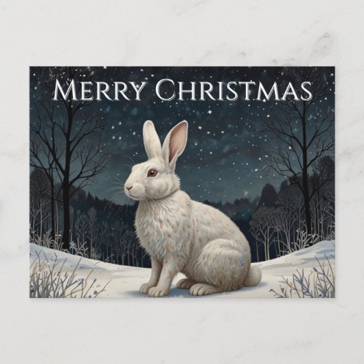 優雅な白うさぎのクリスマス雪原の森 シーズンポストカード (正面)