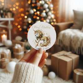 優雅な白と金のクリスマスのユニコーン ラウンドシール