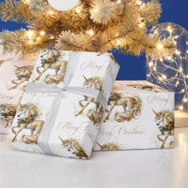 優雅な白と金のクリスマスのユニコーン ラッピングペーパー
