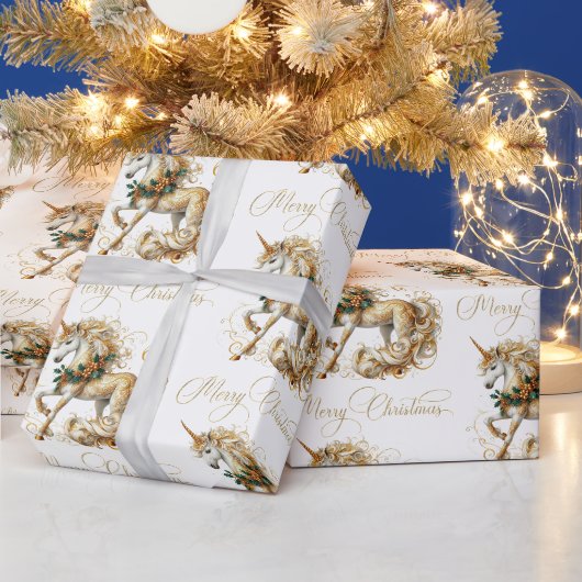 優雅な白と金のクリスマスのユニコーン ラッピングペーパー (クリスマス)