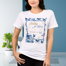 優雅な白と青の蝶の花咲くママ トライブレンドTシャツ