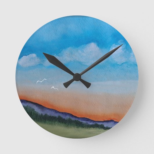 優雅な白熱［赤熱］光を放つ夕日の丘 ラウンド壁時計 (正面)