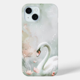 優雅な白鳥とスイレンの水彩フォンカ iPhone 15ケース