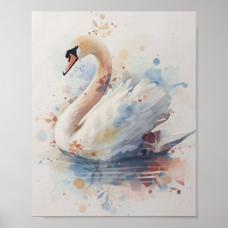 優雅な白鳥の水彩壁画 ポスター