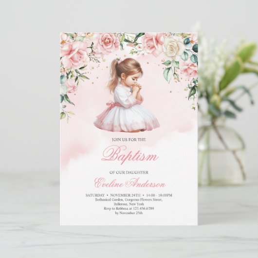 優雅な祈りの少女の水の色の赤いバラ 招待状 (スタンド正面)