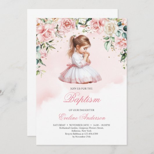 優雅な祈りの少女の水の色の赤いバラ 招待状 (正面/裏面)