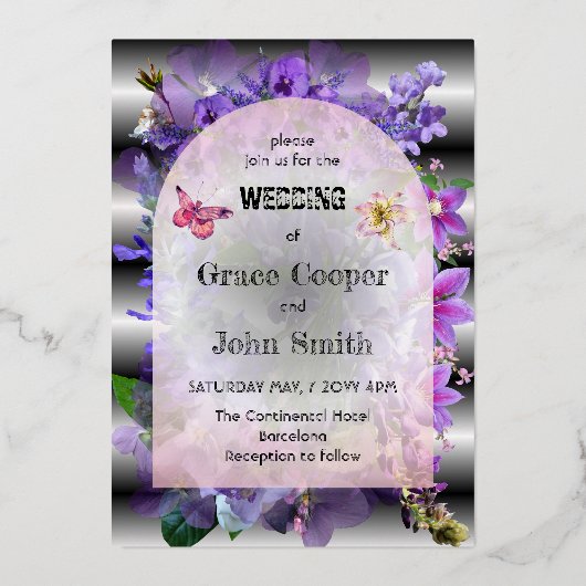 優雅な紫のフローラ結婚の 箔招待状 (正面)