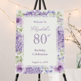 優雅な紫の花の80歳の誕生日ウェルカムサイン