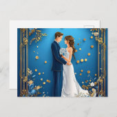 優雅な結婚式のカップルが花のフレームで抱き合う 案内ポストカード (正面/裏面)