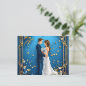 優雅な結婚式のカップルが花のフレームで抱き合う 案内ポストカード (スタンド正面)
