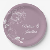 優雅な結婚式のパープルのモダンなオーキッドの花のデザイン ペーパープレート (正面)
