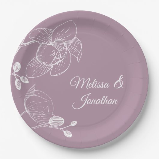 優雅な結婚式のパープルのモダンなオーキッドの花のデザイン ペーパープレート (正面)