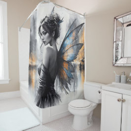 優雅な翼のあるブルネットのミニマリズム都市の夕暮れ シャワーカーテン