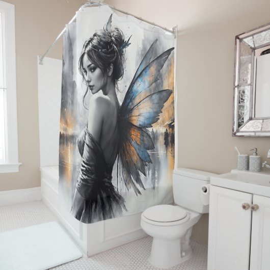 優雅な翼のあるブルネットのミニマリズム都市の夕暮れ シャワーカーテン (インサイチュ)