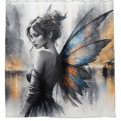 優雅な翼のあるブルネットのミニマリズム都市の夕暮れ シャワーカーテン (正面)