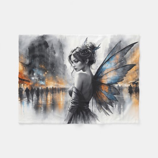 優雅な翼のあるブルネットのミニマリズム都市の夕暮れ フリースブランケット (正面(横))