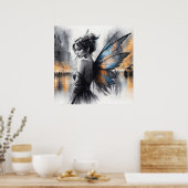 優雅な翼のあるブルネットのミニマリズム都市の夕暮れ ポスター (キッチン)