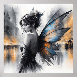 優雅な翼のあるブルネットのミニマリズム都市の夕暮れ ポスター