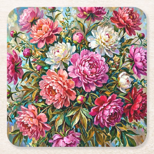 優雅な色彩の芍薬の花 スクエアペーパーコースター (正面)
