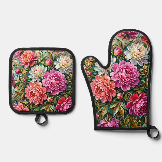 優雅な色鮮やかな芍薬の花 鍋つかみ&鍋敷きセット (正面)