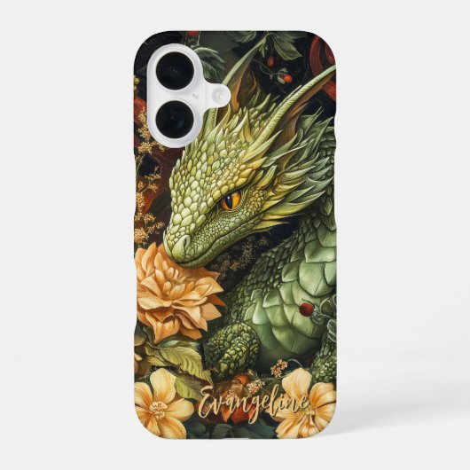 優雅な花々の配列を伴う魔法の緑のドラゴン iPhone 16ケース (裏面)