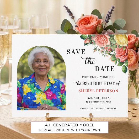 優雅な花と写真の93歳の誕生日パーティー セーブザデート